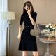 新款 针织连衣裙女夏季 设计感收腰A字裙 复古气质名媛黑色短袖 法式