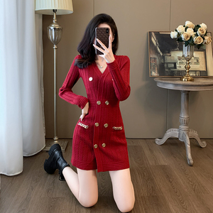 小香风连衣裙女春季2026新款高级感气质收腰显瘦法式名媛红色裙子