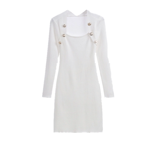 法式小香风白色方领连衣裙女秋冬季新款长袖针织包臀短款百搭裙子