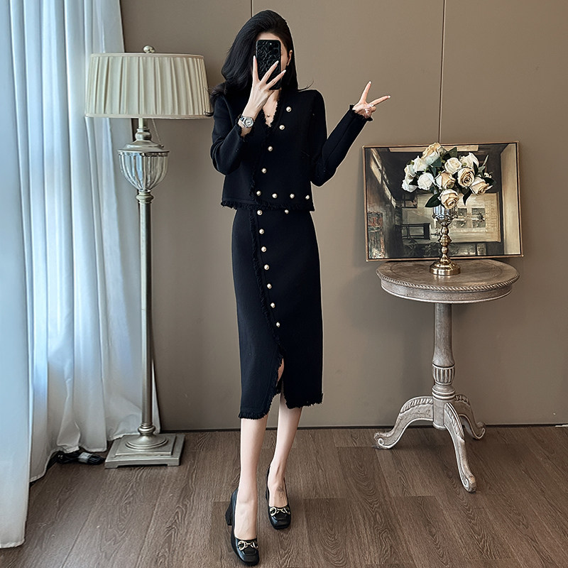 法式小香风秋冬新款女装通勤开衫针织套装女流苏开叉半身裙两件套,女装/女士精品,大码内搭,淘宝优惠券,粉丝福利购,淘宝优惠卷