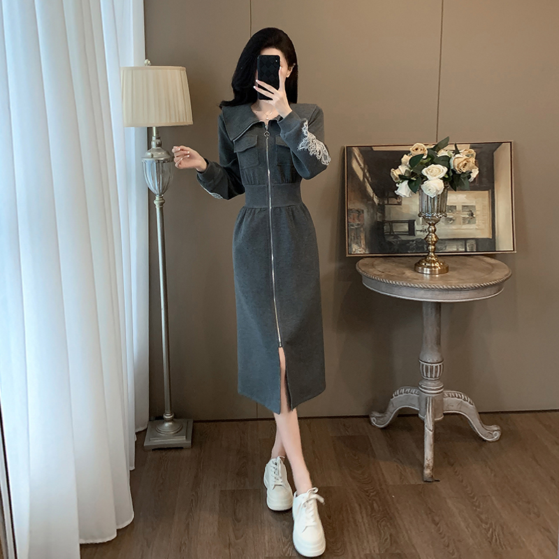 高级感灰色翻领休闲长款卫衣裙女