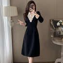 拼接黑色裙子高腰修身 假两件蕾丝花边衬衫 A字连衣裙 新款 2025秋季