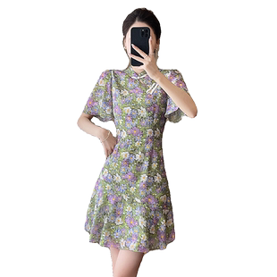 新中式荷叶边鱼尾雪纺连衣裙女高级感短款小个子改良碎花旗袍裙夏