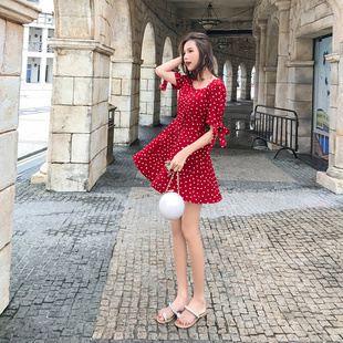 红色高腰收腰小个子气质港风短裙子 新款 法式 复古波点连衣裙女夏季