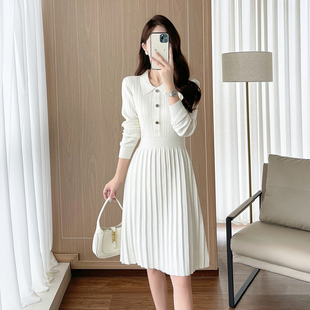 高级感气质针织连衣裙女秋冬收腰显瘦小个子内搭打底毛衣A字裙子