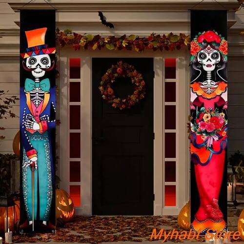 Halloween Mexican Day of The Dead Porch Sign Door Banner Wel