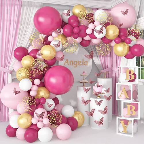 Pink Balloon Garland Arch Kit Butterfly Stickers Pink Gold