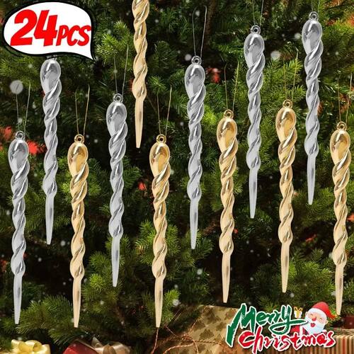 24/12PCS Gold Silver Simulation Icicle DIY Christmas Tree Ha