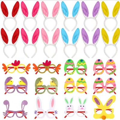 6PCS Easter Headbands and Glasses Frame Set Easter Bunny Ear