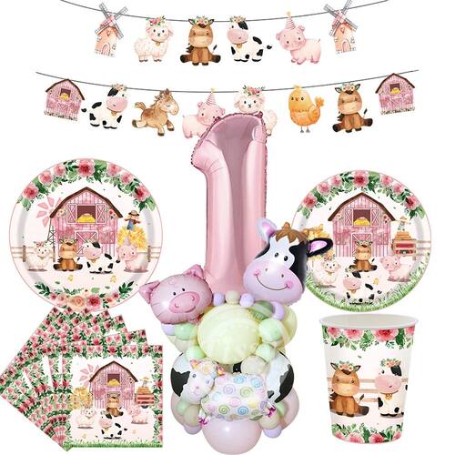 1Set Pink Farm Animal Disposable Tableware With Carton Anima