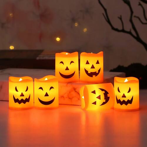 6Pcs Battery Operated LED Flameless Candles Pumpkin Skull Gh