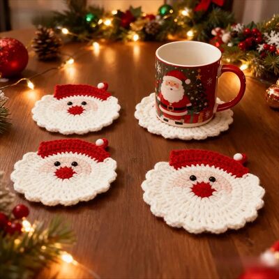 Christmas Santa Coasters Handmade Crochet Mug Mats Set Holid