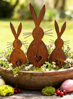3pcs Rustic Metal Garden Decor Set Iron Planters Easter Bunn