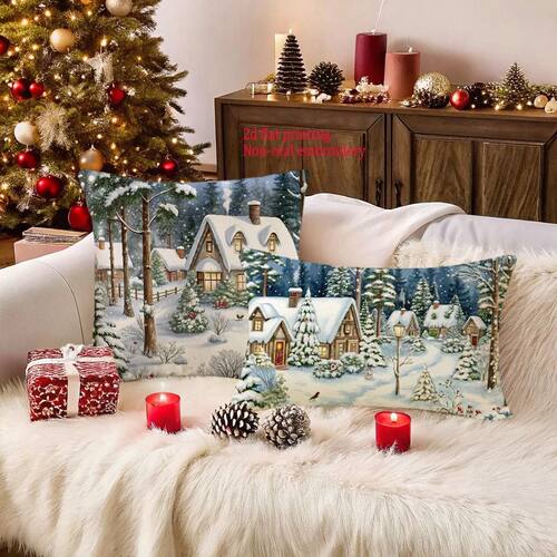 Christmas Snowy Village Pillowcase: 2D Flat Printed for Fest