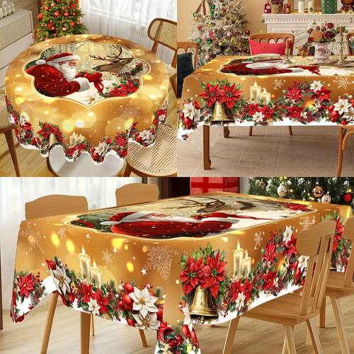 Golden Santa Claus Pattern Printed Tablecloth Christmas Deco