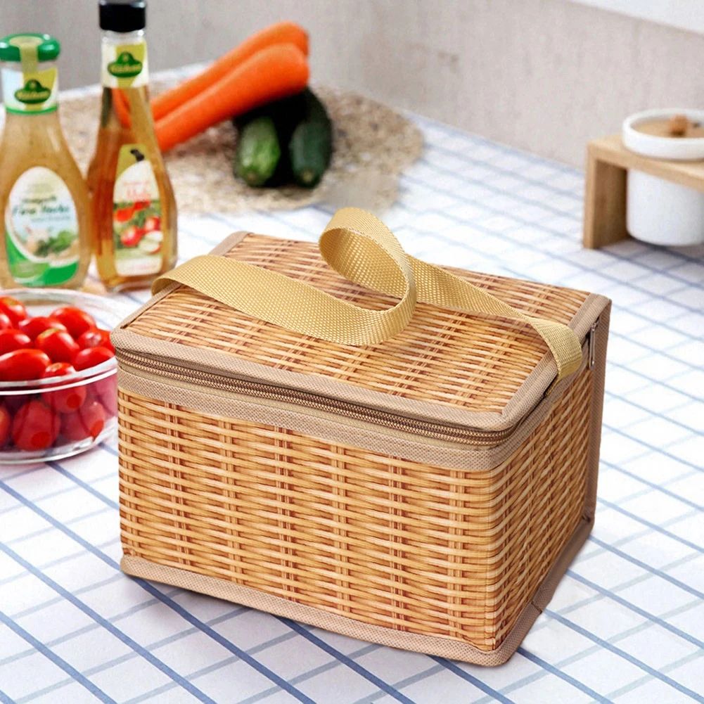 Portable Wicker Rattan Picnic Bag Waterproof Tableware Conta