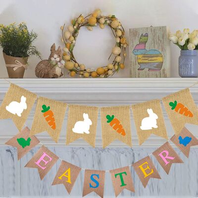 Happy Easter Bunny and Carrot Burlap Banner Rustic Rabbit Ha
