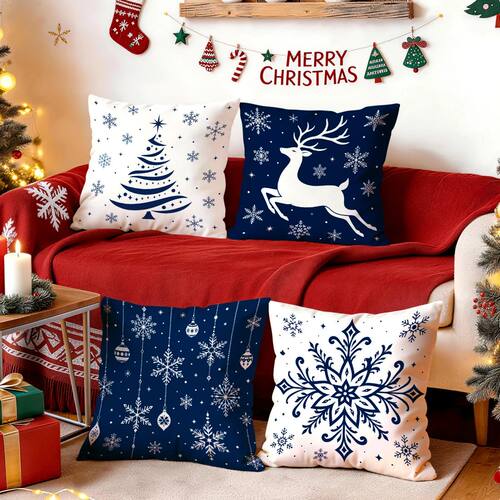 Blue White Snowflake Christmas Tree Cushions Pillowcase Poly