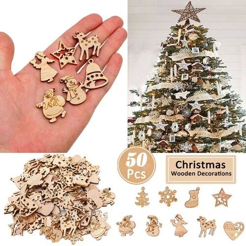 50pcs/Set Mini Christmas Tree Decor Ornaments Wooden Santa C