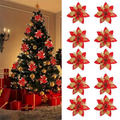 Glitter Artificial Flowers for Christmas Tree, Xmas Ornament