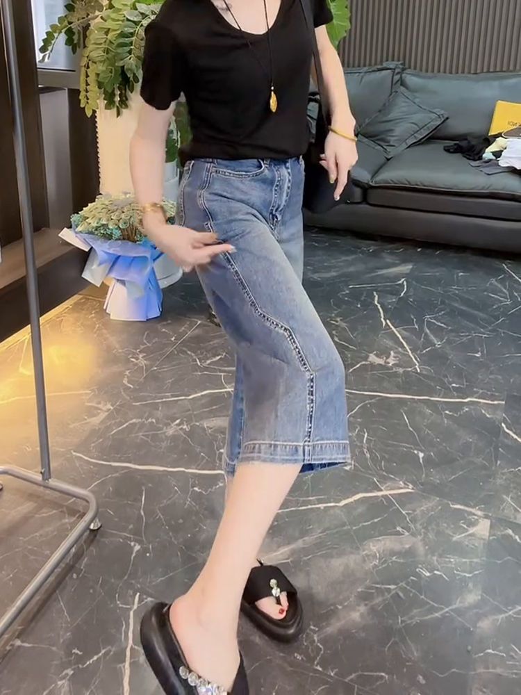 七分牛仔裤女大码夏季薄款粗腿显瘦遮肉直筒裤胖mm宽松阔腿奶奶裤