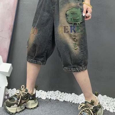 贴布刺绣五分牛仔短裤女2025夏季薄款宽松六分中裤大码哈伦裤女1