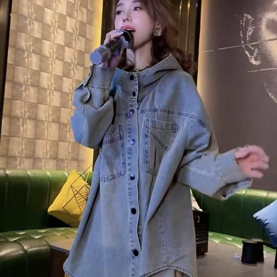 高端网红爆款时尚牛仔衬衫女2025春季款韩版宽松显瘦连帽中长外套