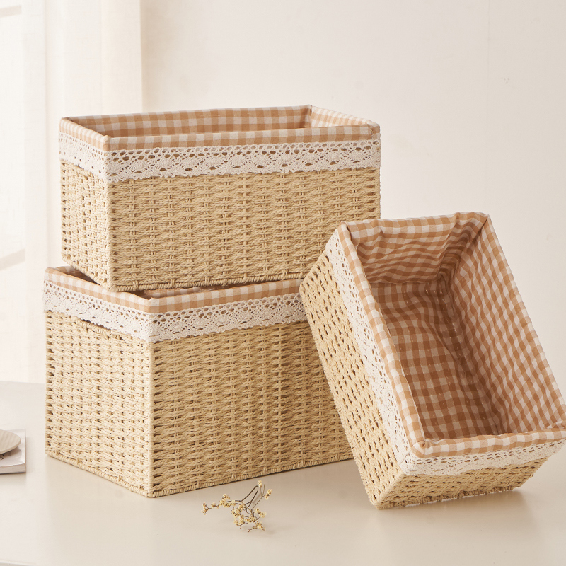 桌面收纳筐日式编织家用零食杂物整理盒衣服篮子玄关置物篮藤编框
