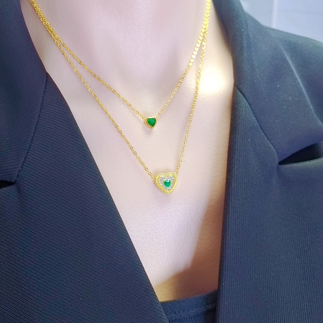 韩版雕花镶钻爱心项琏钛钢心形绿宝石双层叠戴手链耳扣套装锁骨链