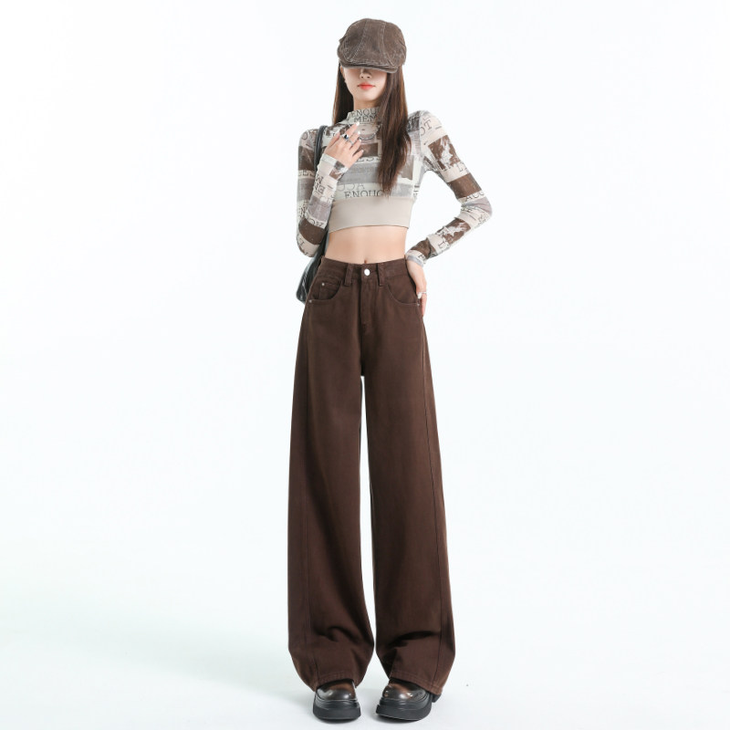 加绒加厚美拉德咖色阔腿牛仔裤女