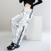 美式 子女爵士舞演出服帅气宽松阔腿长裤 高街hiphop银色口袋工装 裤
