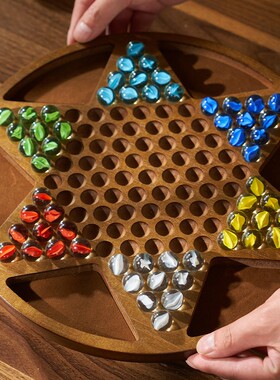 跳棋玻璃球儿童益智木质二合一棋盘大号大人版亲子弹子玛瑙珠跳棋
