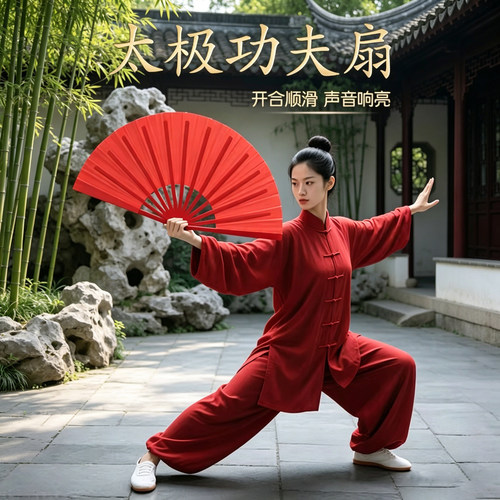 文牛红色双面武术表演太极扇