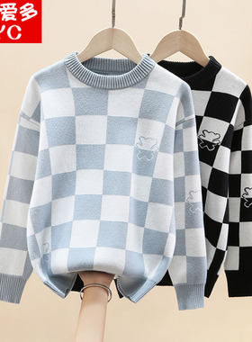 2025新款男童毛衣中大童加厚加绒秋冬女童圆领针织毛线衫格子韩版