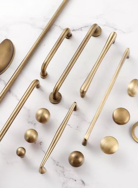 圆管双湾黄古铜拉手法式衣柜全铜把手简约轻奢橱柜抽屉黄铜长拉手