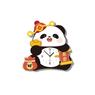 久久达熊猫客厅挂钟2026新款免打孔创意时钟壁灯静音电视背景挂钟