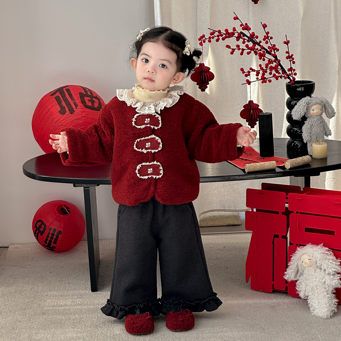点兮冬季新款婴幼儿加绒加厚毛毛外套套装女宝宝喜庆保暖三件套潮