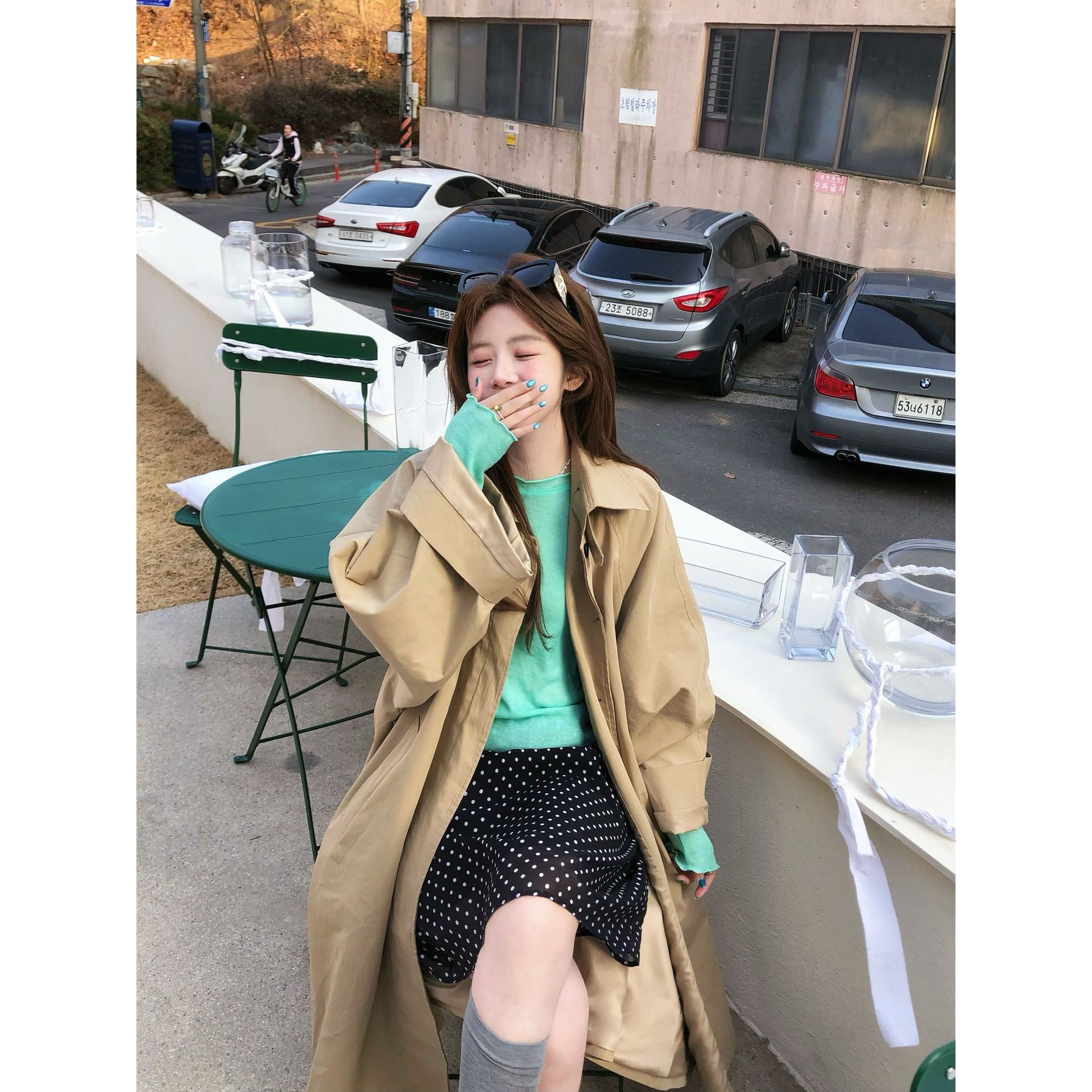 memorial.真酱 绿色长袖T恤黑色波点裙套装首尔女日常通勤韩系