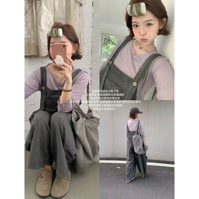 慵懒风宽松直筒背带裤女休闲