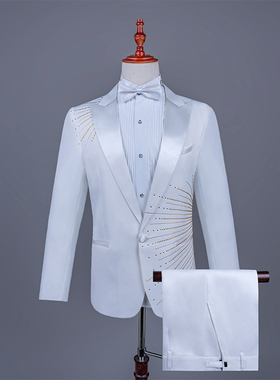 男白色戗驳领舞台歌手司仪演出服主持人礼服大合唱西服套装表演服