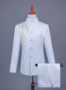 新款白色艺考舞台礼服歌手演出服男司仪主持大合唱礼服男中式套装