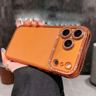 潮流橙适用苹果17promax手机壳新款 iphone16pro保护套高级感15pro闪钻硅胶14plus透明女max带镜头膜13保护壳