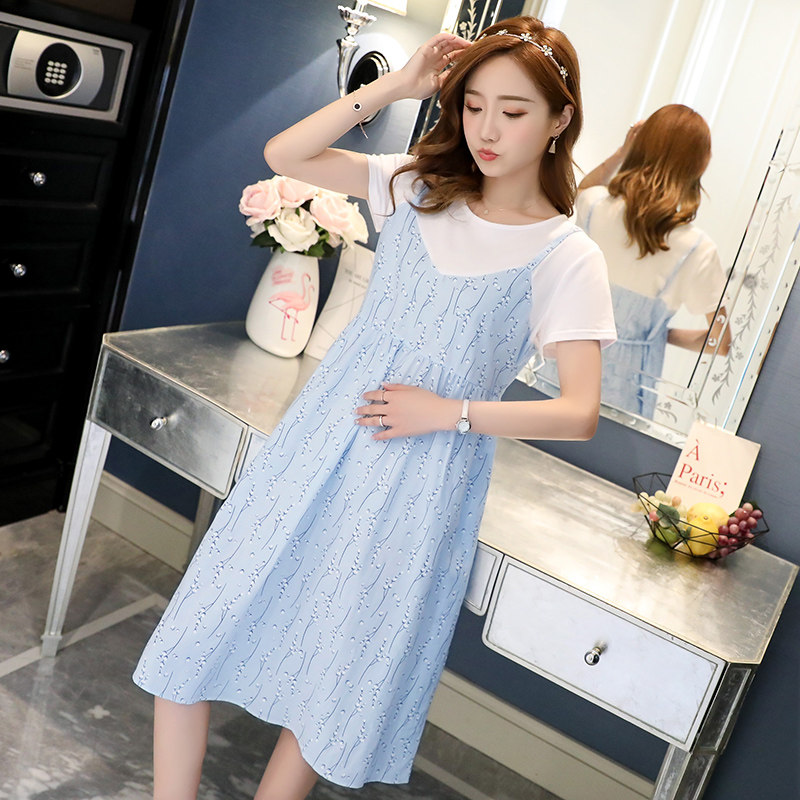 孕妇装夏天裙子2021新款时尚潮妈怀孕期连衣裙孕妈妈夏装假两件套