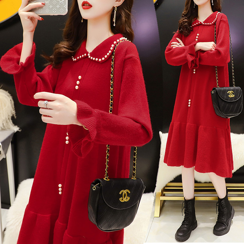 孕妇秋装连衣裙套装2021春秋时尚潮妈怀孕两件套冬天过年红色衣服