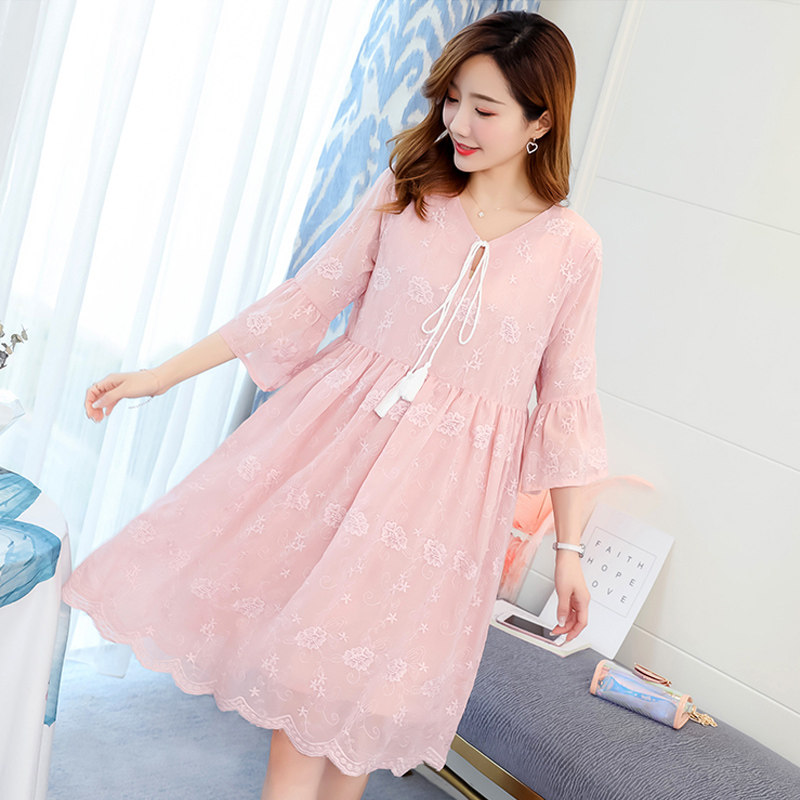 孕妇装夏天裙子2022新款时尚宽松夏装中长款V领孕妈妈雪纺连衣裙