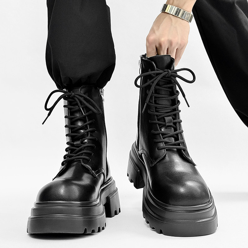 马丁靴男款2025新款英伦风侧拉链高帮真皮工装机车靴秋季增高皮靴