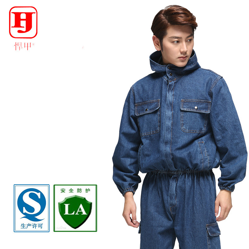 悍甲牛仔大码连体工作服电焊劳保服男长袖汽修工装防尘服套装