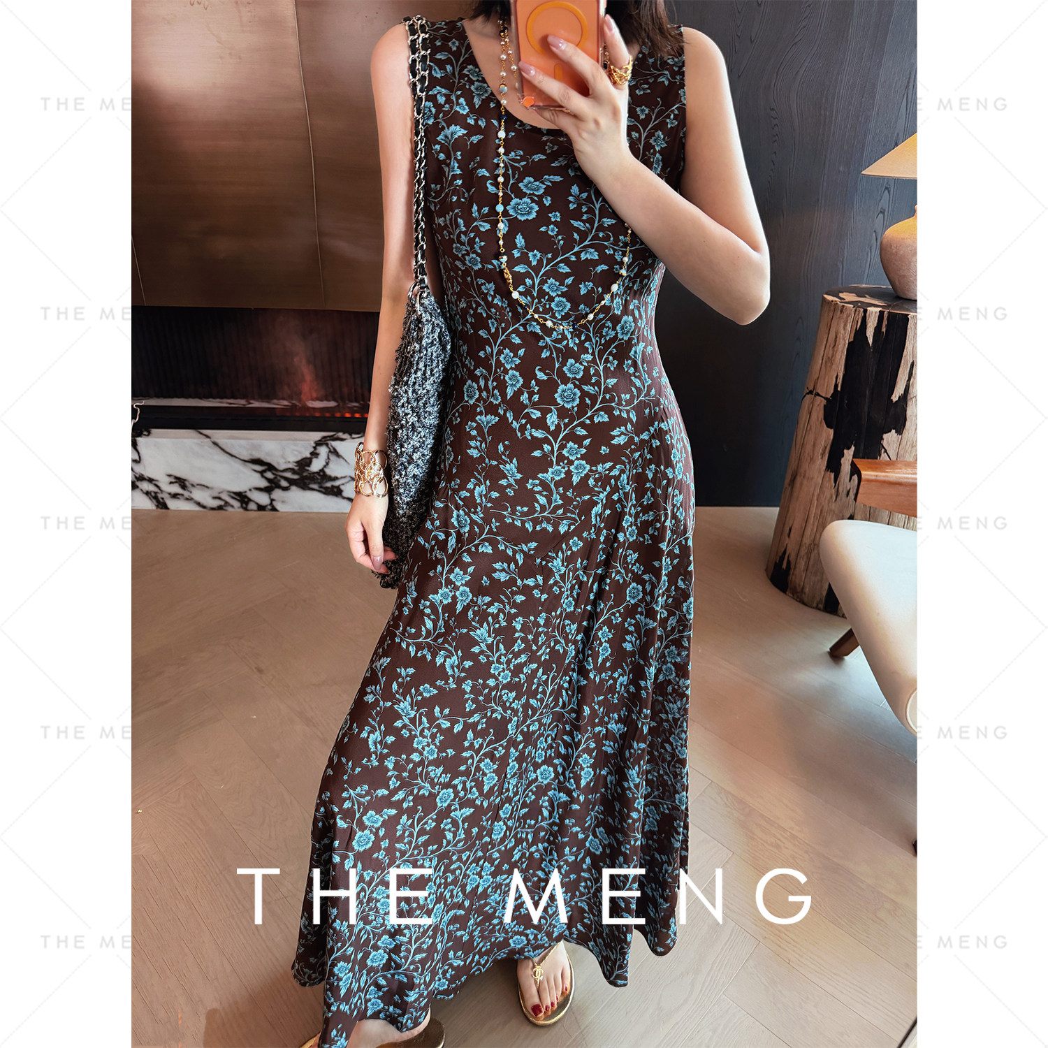 THE MENG“薄雾”桑蚕丝藤蔓印花2026新款复古休闲显瘦连衣裙女夏