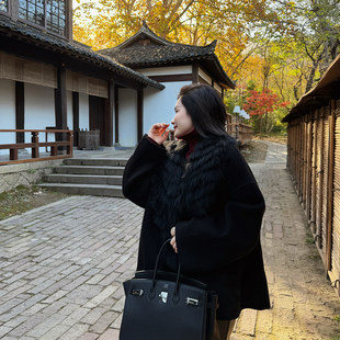 THE MENG【卢森堡】山羊绒绵羊毛狐狸毛领高端小资黑色大衣外套女