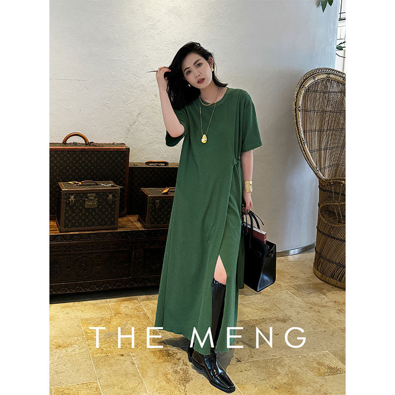 THEMENG 野趣 100棉短袖H直筒版型高腰显瘦圆领透气连衣裙女